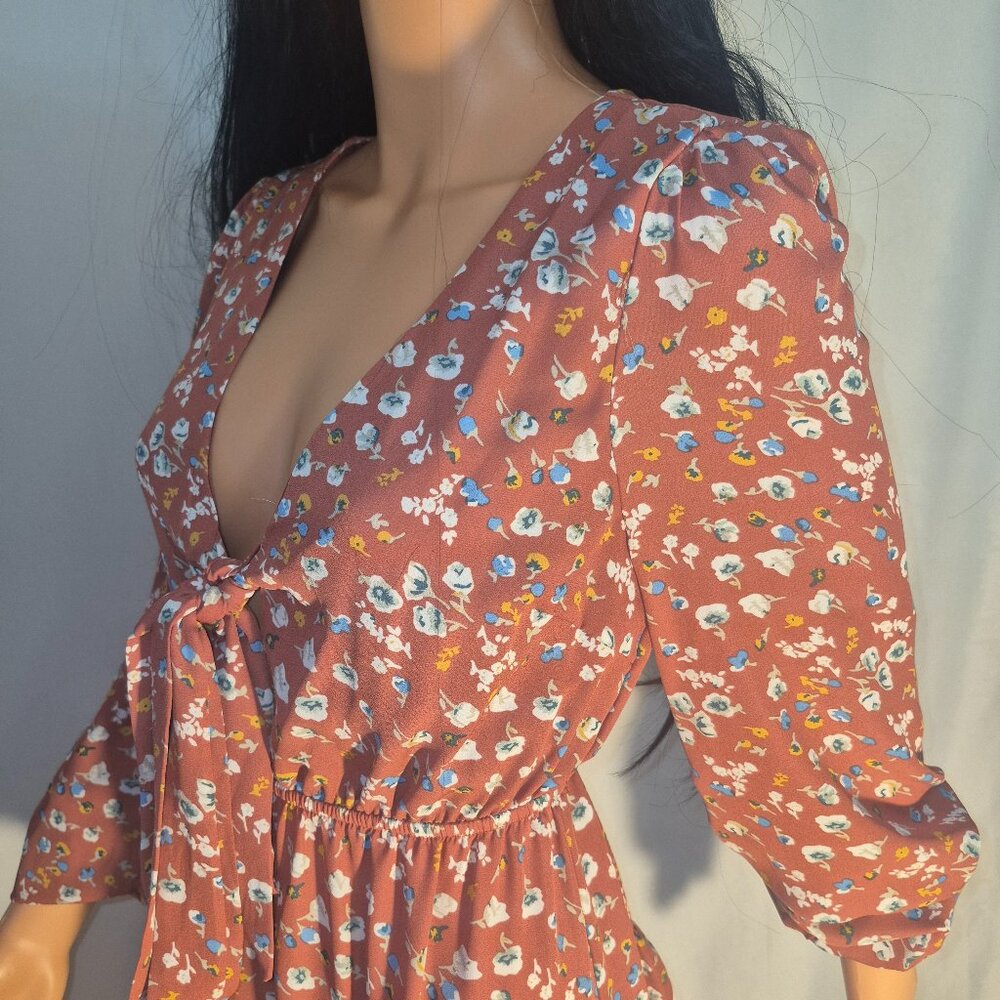 REVAMPED ruffled dress, midi, Rust w/ floral design in size X-Small